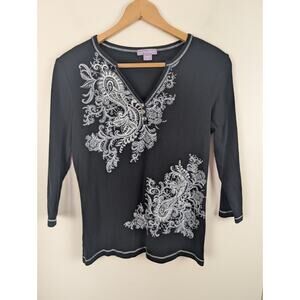 Laura Scott Large L Black Silver 3/4 Sleeve Shirt Rhinestones Y2k Henley